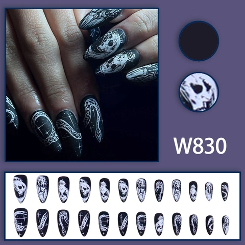 Unghie Finte Press On Nero Opaco Motivo Gotico Teschio Serpente Mandorla Lunghe Halloween Party Stile Scuro
