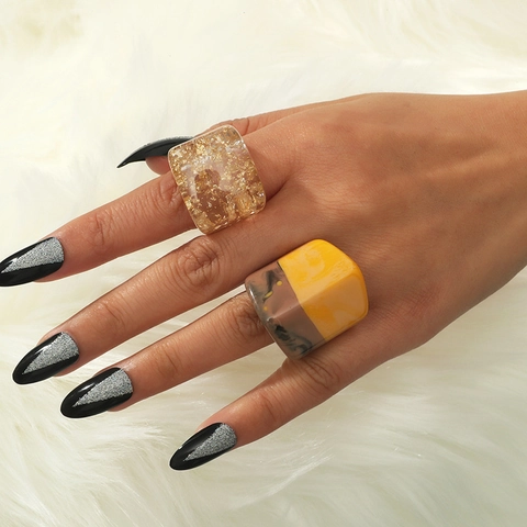 Retro Geometric Square Resin Rings With Gold Foil And Marble Texture Minimalist Wide Band Jewelry For Women Fashionable