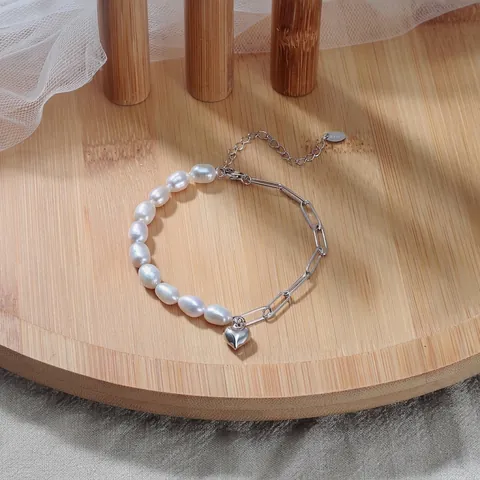 Bracelet Argent Sterling 925 Perle Baroque Naturelle Pendentif Coeur Chaîne Ajustable Bijoux Femmes