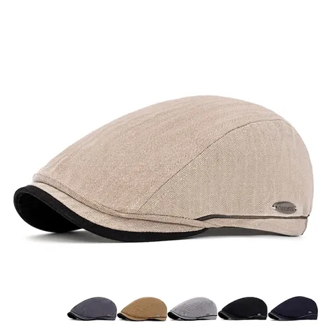 Men Newsboy Cap Retro Herringbone British Style Flat Cap Adjustable Cotton Polyester Blend Breathable Ivy Hat