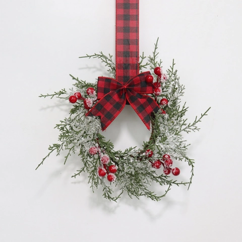 Ghirlanda Natalizia Mini Con Nastro Fiocco Pino Artificiale Bacche Rosse Neve Finta Decorazione Porta