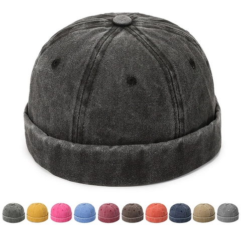 Gorro Docker De Mezclilla De Algodón Lavado Vintage Sombrero Miki Sin Ala Hebilla De Metal Ajustable Color Sólido Retro