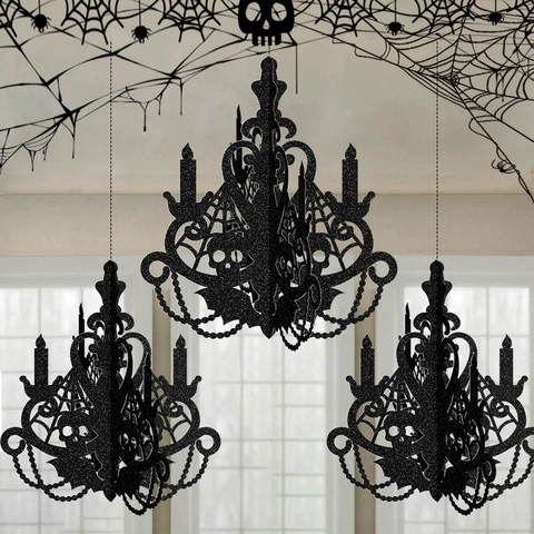 Halloween Chandelier Hanging Decoration Black Glitter Paper Spider Web Skull Party Decor Haunted House Indoor Gothic