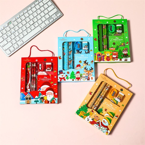 Weihnachten Schreibwaren Kit Kunststoff Holz Papier Bleistifte Lineal Radiergummi Anspitzer Notizbuch Kinder Schule