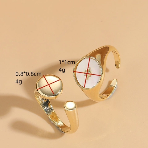 Anillo Abierto de Cobre Vintage para Mujer Concha Circonia Hexagrama Estrella Ajustable Joyería de Moda Anillo Geométrico Chapado en Oro