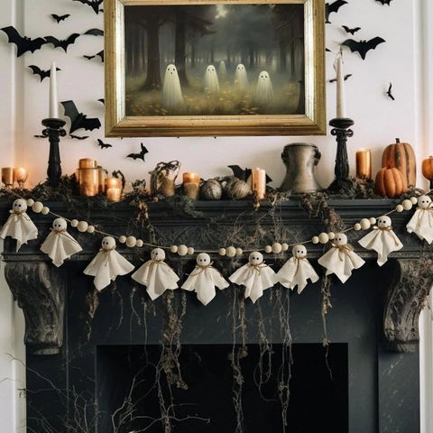 Ghirlanda Perle Legno Halloween Fantasma Pipistrello Feltro Banner Appeso Decorazione Casa Per Camino Parete Festa
