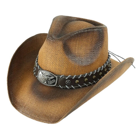 Vintage Western Cowboy Straw Hat For Women Men Hollow Out Woven Paper Sun Hat With Turquoise Bull Head Belt Outdoor Beach Hat