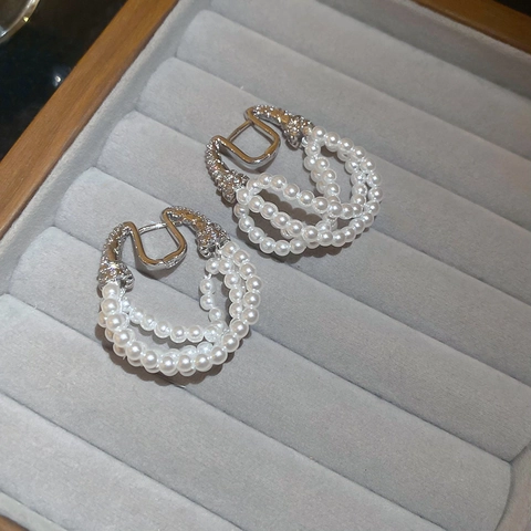 Créoles En Künstliche Perles D'Imitation Multi-Rangs Avec Zircone En Forme De U Style Français Bijoux Élégants Pour Femmes Argenté