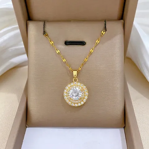 Elegante Collana A Catena In Acciaio Inossidabile Con Ciondolo Tondo In Rame E Zircone Scintillante Per Gioielli Da Banchetto