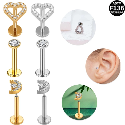 Lip Stud Labret Earring G23 Titanium Alloy ASTM F136 Zircon Heart Moon Shape Internal Threading Body Piercing Jewelry