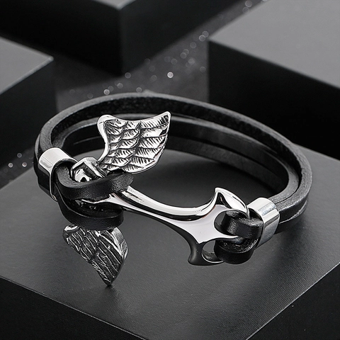 Bracelet En Cuir Multi Couches Pour Hommes Acier Inoxydable Ancre Boussole Aile Nautique Viking Punk