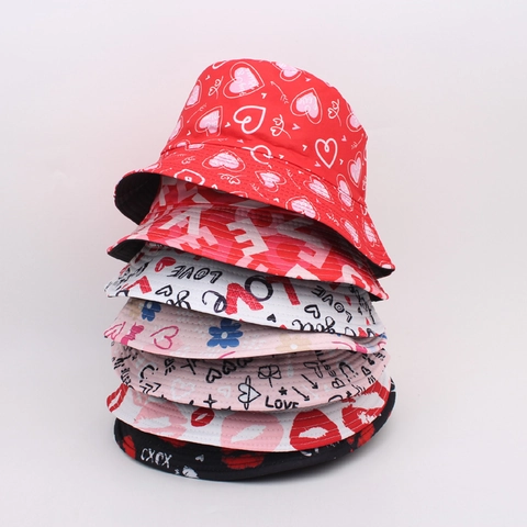 Chapeau Bob Femme Imprimé Graffiti Cœur Saint Valentin Protection Solaire Chapeau de Pêcheur en Polyester Doux Été