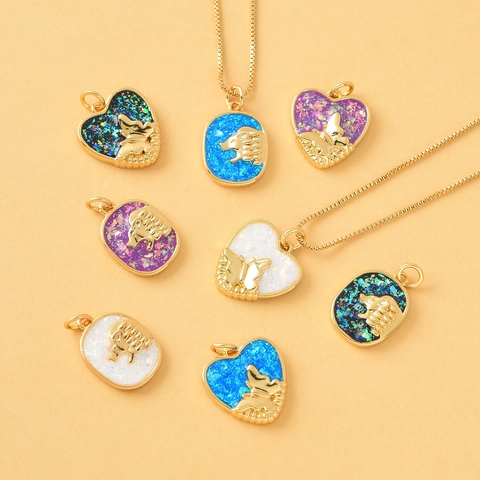 Butterfly Heart Lion Rectangle Pendant Necklace 18K Gold Plated Copper Synthetic Fire Opal Jewelry Women Fashion