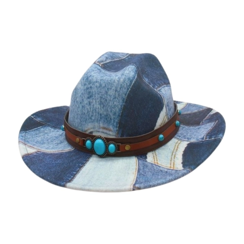 Cappello Da Cowboy Western Vintage Patchwork Denim Cotone Fedora Cintura In Pelle Borchie Turchesi Stile Bohemien