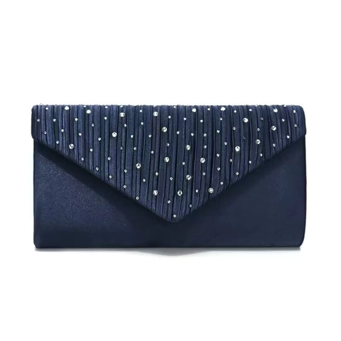 Elegant Pleated Satin Evening Clutch Bag With Rhinestone Envelope Flap Chain Strap For Women Wedding Party Prom Night