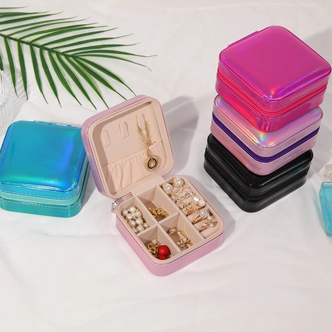 Iridescent Portable Jewelry Box Small Travel Case For Rings Earrings Necklaces Zipper Storage Organizer Minimalist Mirror Box