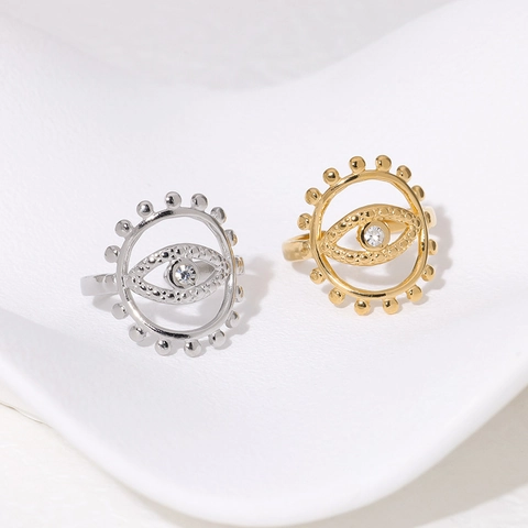 Evil Eye Adjustable Ring Stainless Steel 18K Gold Plated Zircon Inlaid Geometric Trendy Jewelry For Women