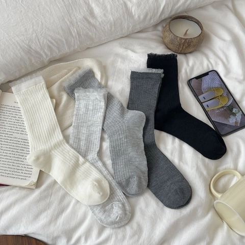 Damen Crew Socken Bambusfaser Atmungsaktiv Schweißabsorbierend Spitzenbesatz Rippstrick Japanischer Stil Mori Girl Süß Modisch
