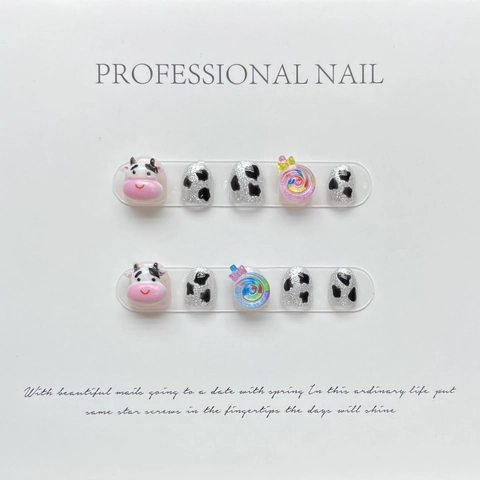 Handgemaakte Resin Kunstnagels Voor Kinderen Schattig Koeienpatroon 3D Dierenlolly Glitter Zoete Nagelkunst Voor Kinderen