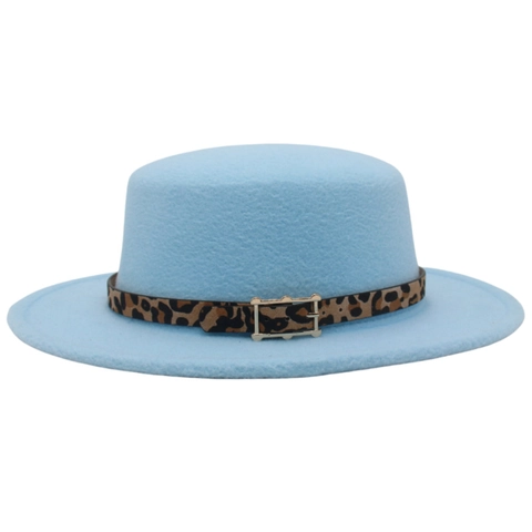 Flacher Boater Hut Wollfilz Breite Krempe Leopardenmuster Goldene Schnalle Sonnenschutz Vintage Winter Damen Accessoires