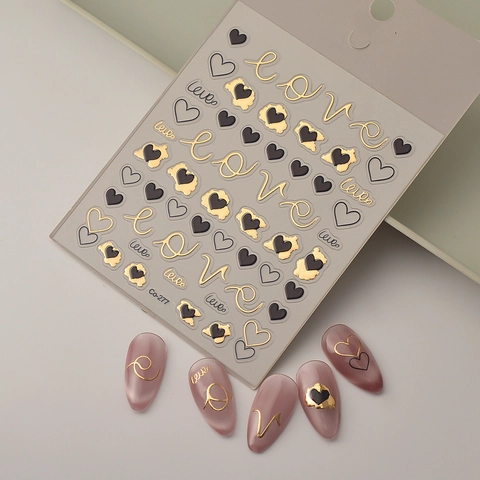 5D Relief Nagelaufkleber Herz Liebe Muster Gold Schwarz Bronzierung DIY Maniküre Dekoration Wasserdicht Französischer Stil