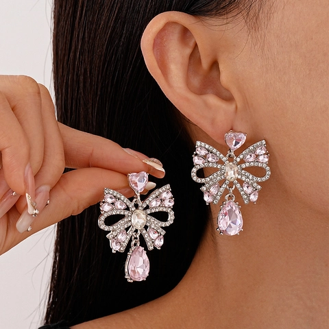 Pink Bow Waterdrop Dangle Earrings Rhinestone Alloy Jewelry With Silver Earring Post Elegant Sweet Style For Women