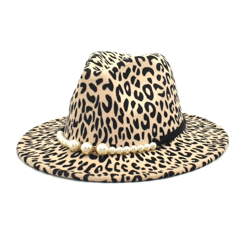 Women Leopard Print Woolen Fedora Hat With Faux Pearl Ribbon Band Vintage Wide Brim Jazz Felt Hat Fashion Sun Protection Warm Hat