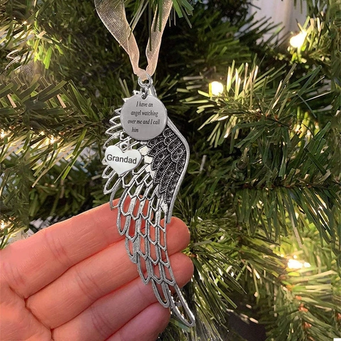 Ornement Suspendu Ailes Ange Commémoratif Alliage Métal Étiquette Cœur Inscrit Décoration Sapin Noël Vintage Rétro Argent