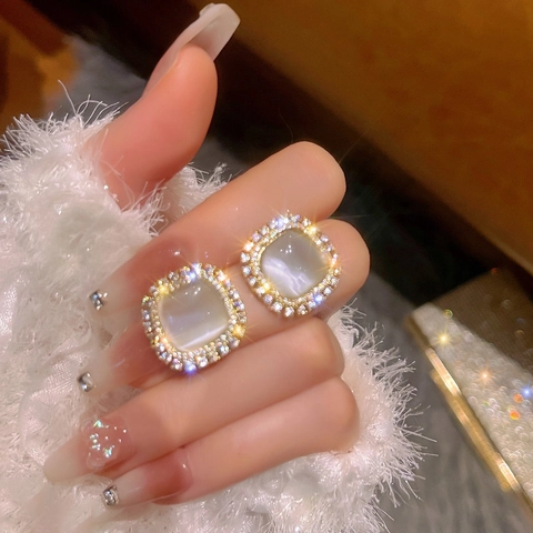 Orecchini Quadrati Geometrici Con Pietra Occhio Di Gatto E Perno In Argento Sterling 925 Halo Strass Gioielli Eleganti