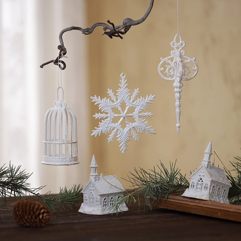 Christmas Tree Ornaments White Gilded Plastic Pendants Vintage Snowflake Angel House Birdcage Holiday Decor