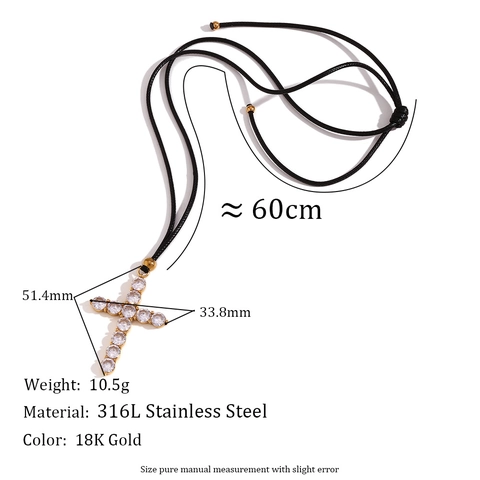 Collana Con Pendente A Croce In Zircone Acciaio Inossidabile 316L Placcato Oro 18K Corda Nera Regolabile Gioielli Moda Donna