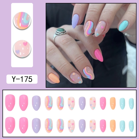 Press On Nails Macaron Sweet Heart Rainbow Wave Design Almond Shape Glossy False Nails For Women Girls DIY Manicure