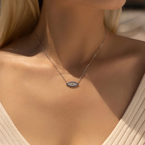 Collana Pendente Malocchio Argento Sterling 925 Zirconia Blu Bianco Elegante Vintage Gioielli Catena Clavicola Donne