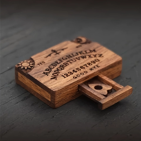 Miniature Wooden Spirit Board Box With Sliding Drawer Planchette Engraved Gothic Desk Ornament Home Decor