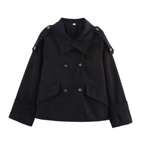 Trench Corto Donna Poliestere Bottoni Frontali Giacca Revers Giacca Vento Maniche Lunghe Spalline Streetwear Crop Outerwear