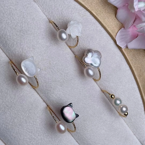 Freshwater Pearl Adjustable Ring Mother Of Pearl Flower Cat Design Gold Plated Copper Alloy Elegant Jewelry Women
