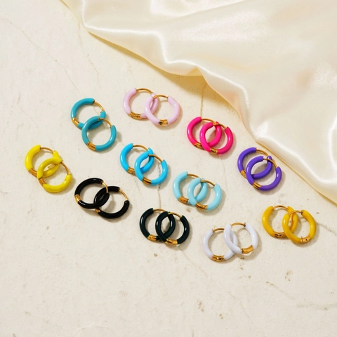 Enamel Hoop Earrings Stainless Steel With Copper Earring Post Colorful Round Geometric Retro Fashion For Women
