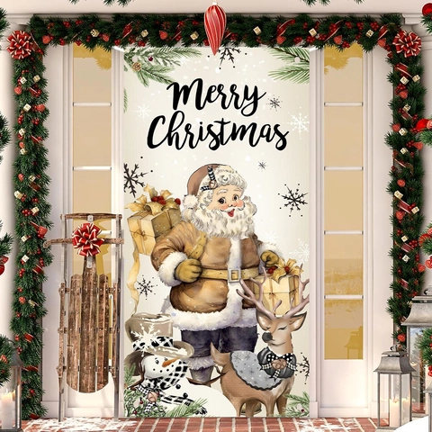 Kerst Deurbanner Vintage Kerstman Rendier Sneeuwpop Print Polyester Buiten Tuin Hangende Vlag Vakantie Huis Decoratie