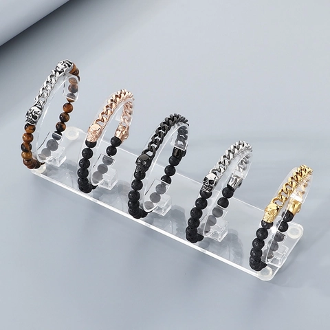 Skull Beaded Bracelet Stainless Steel Cuban Chain Lava Rock Tiger Eye Stone Punk Gothic Jewelry For Men