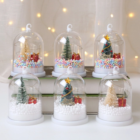Christmas Desktop Ornament Night Light LED Glowing Transparent Dome Mini Tree Hanging Decoration Gift Novelty
