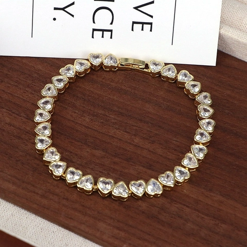 Bracciale Tennis In Zircone A Forma Di Cuore Rame Placcato Oro Per Donna Elegante Romantico Minimalista Gioielli Di Lusso