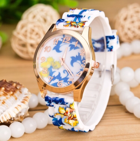 Women Quartz Watch Floral Print Silicone Strap Alloy Case Flower Pattern Analog Arabic Numerals Fashion Elegant
