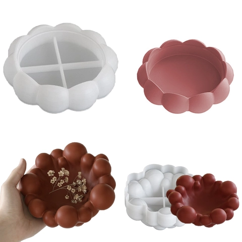 Cloud Bubble Tray Silicone Mold For DIY Resin Plaster Casting Candle Holder Round Artificial Pearl Edge Floral Design Handcrafted