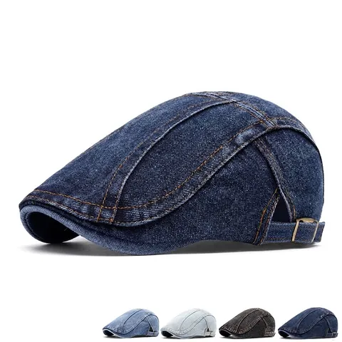 Vintage Gewassen Denim Ivy Cap Casual Platte Pet Verstelbare Metalen Gesp Contraststiksel Unisex Zonnescherm