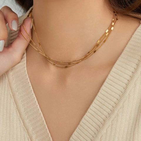 Collana A Triplo Strato Placcata Oro 18 Carati In Acciaio Inossidabile Girocollo Con Disco Di Paillettes Per Donna Gioielli Minimalisti