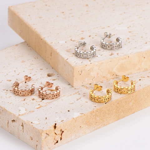 Stainless Steel C Shaped Stud Earrings Hollow Lucky Coin Pattern Retro Fashion Ethnic Jewelry For Women