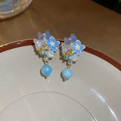 Elegantes Pendientes Colgantes De Flor Y Lazo Azul Con Resina Circonita Cristal Perla Artificial Y Poste De Plata 925