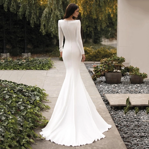 Abito Da Sposa Sirena In Raso Francese Maniche Lunghe Scollo A V Profondo Perline Elegante Strascico Lungo Donna