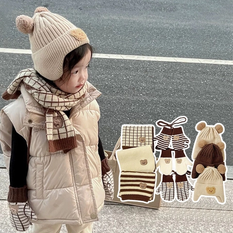 Peuter Winter Gebreide Sjaal Muts En Handschoenen Warm Beer Borduurwerk Gestreepte Geruite Nekwarmer Voor Baby's