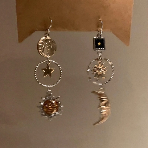 Pendientes Colgantes Asimétricos Vintage Sol Luna Estrella Con Poste De Plata Esterlina 925 Joyería